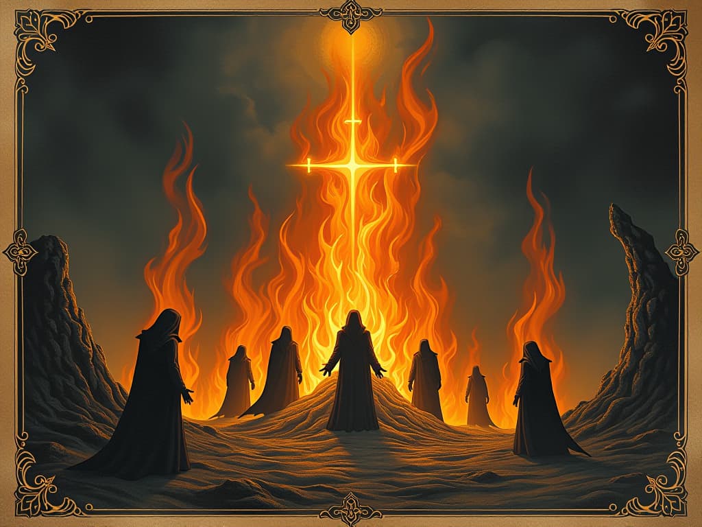  an allegorical fire, burning away shadows, figures emerging from flames, aura of transformation and cleansing, intense and revelatory. an illustration in the style of a worn, mystical old tarot trump card, mysterious and elements of surrealism. the colors are muted, somber and eerie, but with contrast bring out an occult and esoteric vibe.