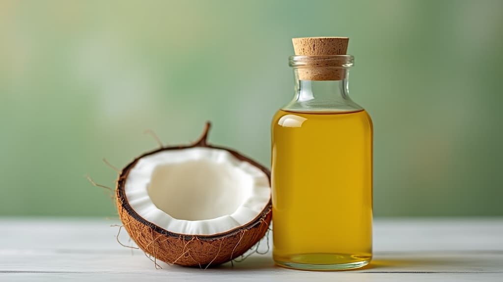  a coconut and a bottle of oil