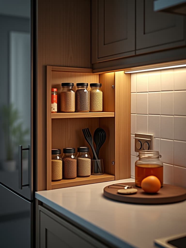  high quality portrait photo of a close up of a kitchen backsplash with a hidden sliding panel revealing a spice rack and cooking utensil storage, surrounded by sleek tilework hyperrealistic, full body, detailed clothing, highly detailed, cinematic lighting, stunningly beautiful, intricate, sharp focus, f/1. 8, 85mm, (centered image composition), (professionally color graded), ((bright soft diffused light)), volumetric fog, trending on instagram, trending on tumblr, HDR 4K, 8K