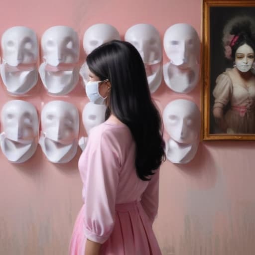 a woman with black hair stands with his back (face is not visible) in a room where there are many white masks, a picture in pink tones oil painting