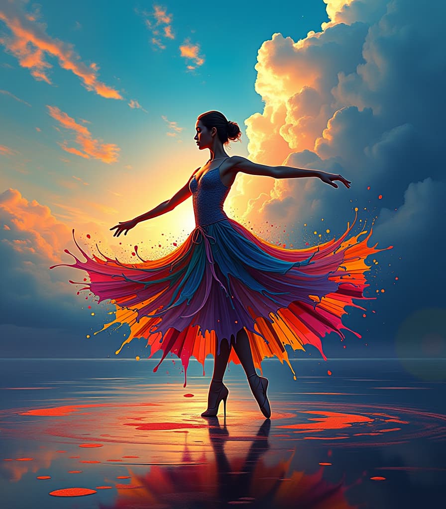  long exposure photo of prompt: a bright colorful painting, a dancing ballerina looking as if she was made of spilling paints of various colors, colorful, a sky with clouds illuminated by the setting sun, in the style of james r. eads, acrylic, splashes of paint, colorful, fantastic, realistic surrealism, neo romanticism, complex details, high detail, octane, 8k<lora:xl more art full v1:0.5> . blurred motion, streaks of light, surreal, dreamy, ghosting effect, highly detailed hyperrealistic, full body, detailed clothing, highly detailed, cinematic lighting, stunningly beautiful, intricate, sharp focus, f/1. 8, 85mm, (centered image composition), (professionally color graded), ((bright soft diffused light)), volumetric fog, trending on instagram, trending on tumblr, HDR 4K, 8K