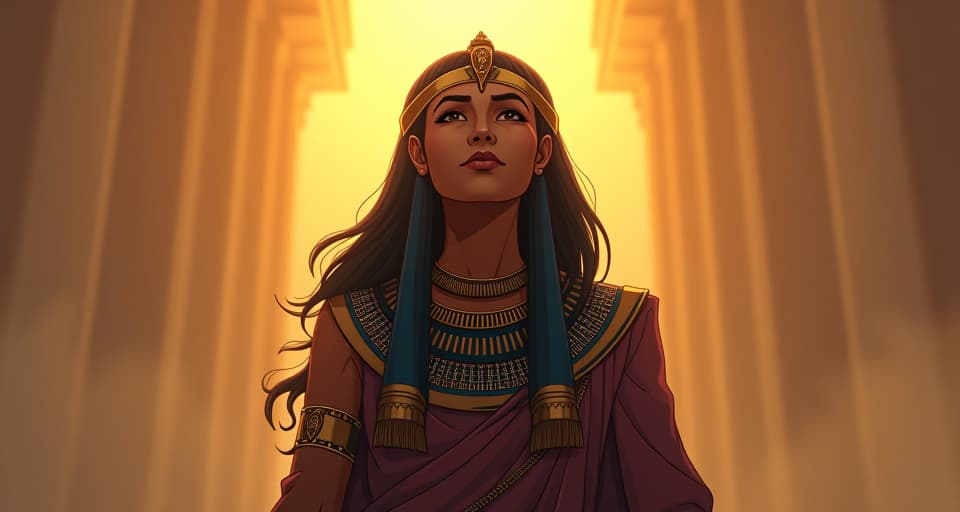  contemplative figure, serene smile, soft morning light, fulfilling atmosphere. the style is digital art illustration / modern comic book / mysterious occult, symbolic, esoteric vibe,high detail on character design, incorporating ancient egyptian symbology and attire.