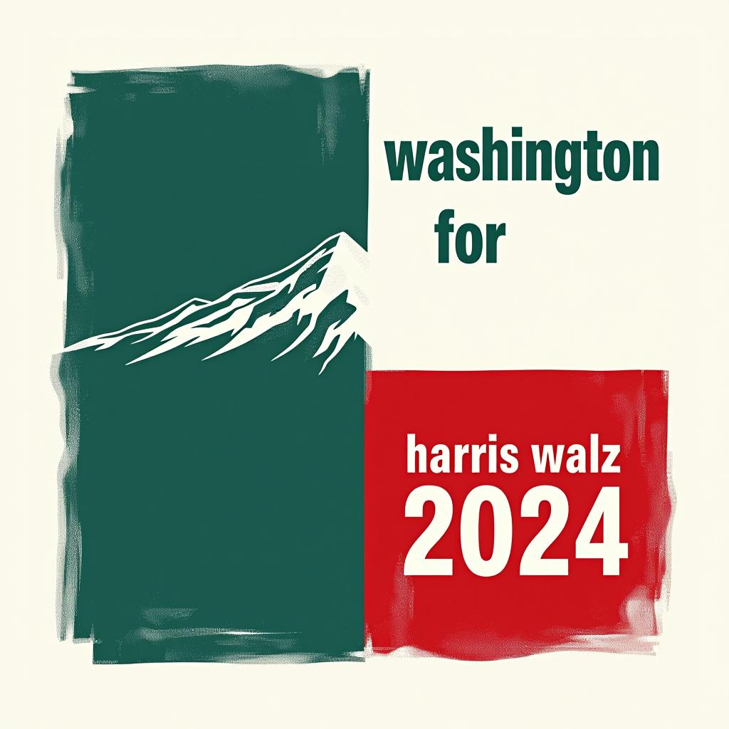  a tshirt design inspired by the washington state flag. the left side features a green vertical stripe with a large mountain in the center. the right side is divided into two horizontal sections: the top section is white with the text 'washington for' in bold, green, uppercase letters, and the bottom section is red with the text 'harris walz 2024' in bold, white, uppercase letters. the overall layout is clean and straightforward, with a clear and patriotic color scheme of blue, white, and red.