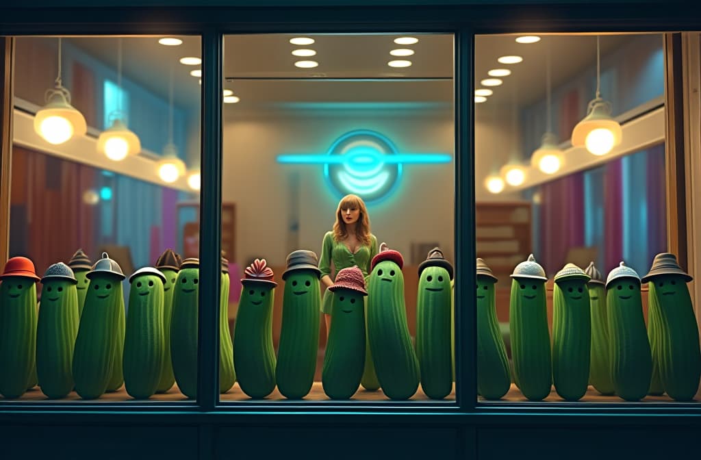  the storefront of a business that sells small hats for pickles. the front window has a display of green pickles lined up wearing a variety of different hats and helmets. you can see taylor swift is inside the store shopping. you can see her through the front window. she looks excited, blue color, glam, power, glowing lights intricate, elegant, highly detailed, digital painting, artstation, concept art, smooth, sharp focus, illustration, art by artgerm and greg rutkowski and fra angelico and unreal engine 5 hyperrealistic, full body, detailed clothing, highly detailed, cinematic lighting, stunningly beautiful, intricate, sharp focus, f/1. 8, 85mm, (centered image composition), (professionally color graded), ((bright soft diffused light)), volumetric fog, trending on instagram, trending on tumblr, HDR 4K, 8K