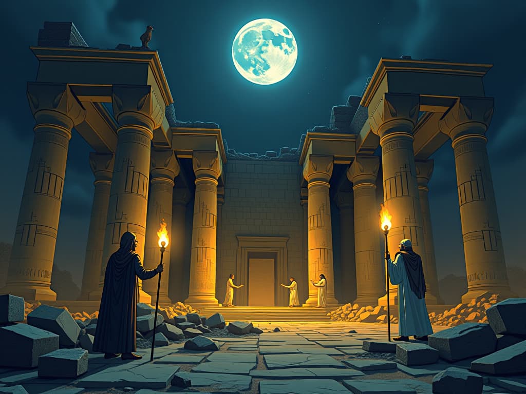  enormous stone foundation of an ancient temple under construction, workers chiseling and shaping stones by torchlight, overlooked by a wise elder holding a glowing staff, moon illuminating progress. the style is digital art illustration / modern comic book / mysterious occult, symbolic, esoteric vibe,high detail on character design, incorporating ancient egyptian symbology and attire.