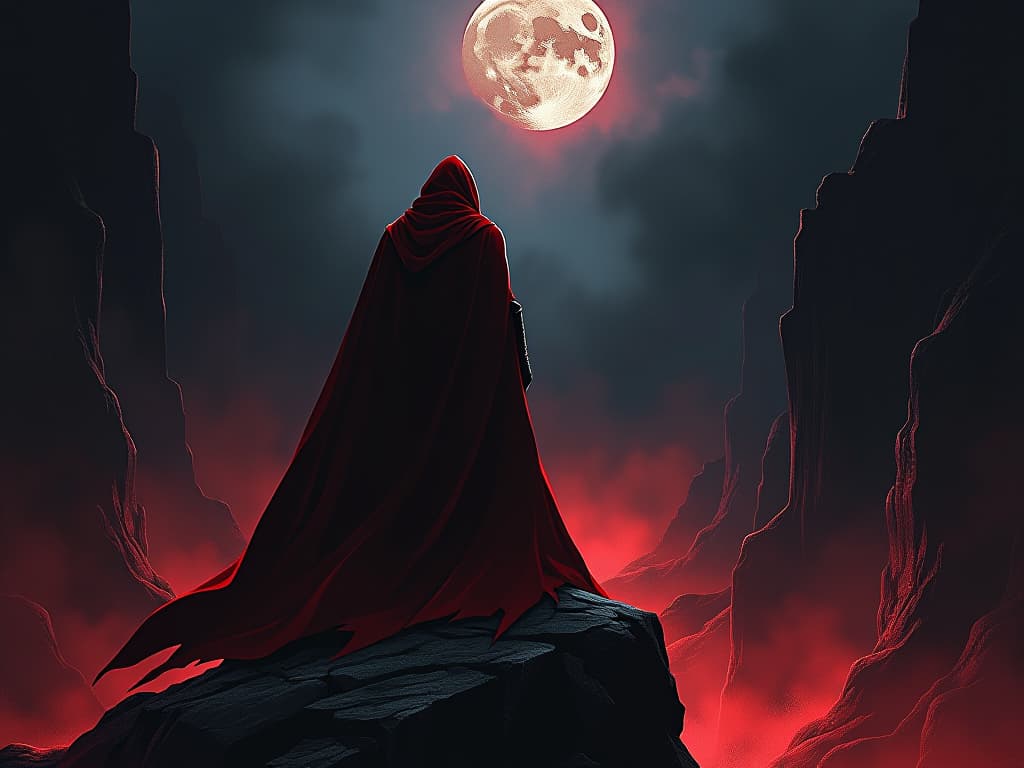  man in red cloak, standing at the edge of a dark abyss, terms with consequences, heavy atmosphere. the style is digital art illustration / modern comic book / graphic dark novel fantasy and mysterious occult, symbolic, moody lighting, esoteric vibe,high detail on character design. for the color scheme emphasize blacks and reds.