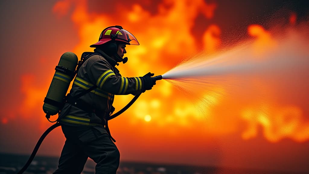  a firefighter battling flames with water, showcasing bravery and dedication in fire rescue efforts.