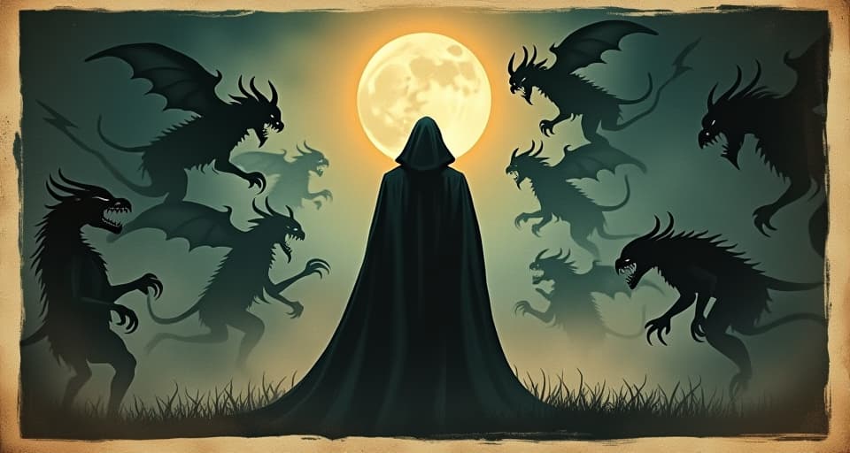  a figure in a dark cloak facing multiple shadowy challenges, obstacles animated and sinister, aura of resilience and determination, confronting demons, perseverance, strength. an illustration in the style of a worn, mystical old tarot trump card, mysterious and elements of surrealism. the colors are muted, somber and eerie, but with contrast bring out an occult and esoteric vibe.