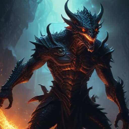 In the depths of a dark, desolate realm, a terrifying fiend-humanoid creature stands tall, its form a twisted combination of dragon and man. Covered in intricate scale-like armor that glints ominously in the dim light, the creature wields a massive demonic sword with a blade that seems to crackle with dark energy. Its eyes burn with an otherworldly fire, casting an eerie glow that illuminates the malevolent grin on its face. The air around it crackles with power, as if the very essence of calamity itself radiates from this fearsome being. fantastical creatures or characters inspired by mythology, folklore, or popular culture. use vibrant colors, sharp lines, intricate details, dynamic poses, dramatic lighting, atmospheric backgrounds, and b