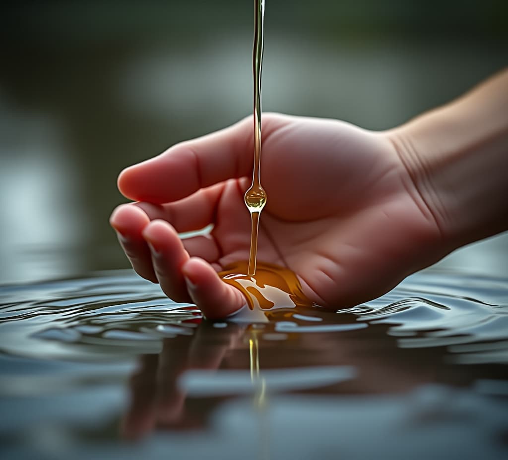  hand dripping oil into water