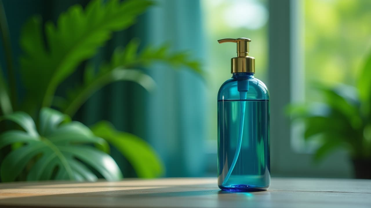  blue pump bottle with gold top on a table in front of tropical plants, high quality, high details, hd, perfect composition, 4k epic detailed, highly detailed, sharp focus, high resolution