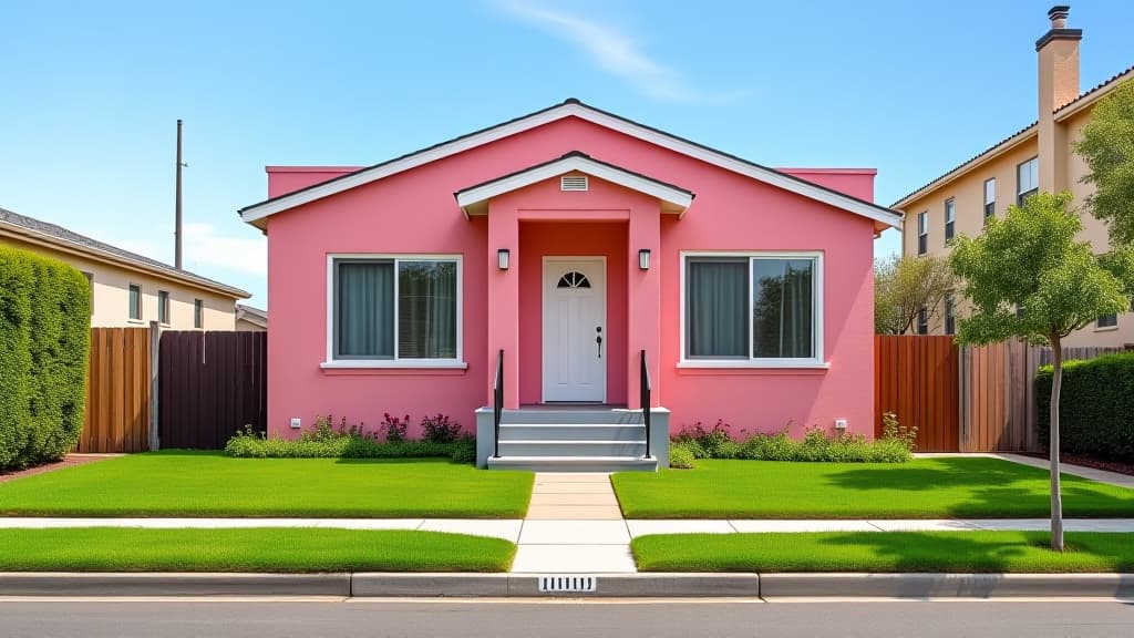  outdoor outside exterior street view of pink neighborhood house or home modern architecture. lawn grass yard, residential suburban building, door, window, entrance