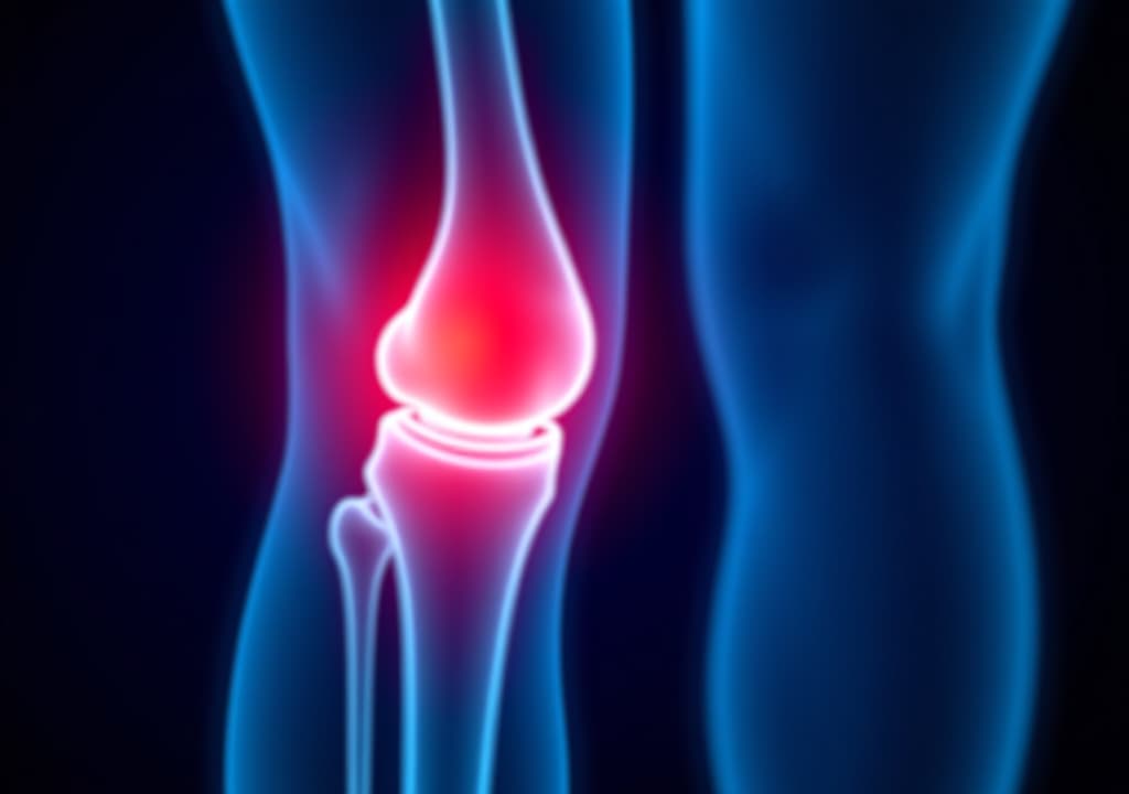  blue 3d medical x ray anatomy of the knee pain. leg joint and bone injury, arthritis patient inflammation, sport athlete broken tendon, red area, copy space