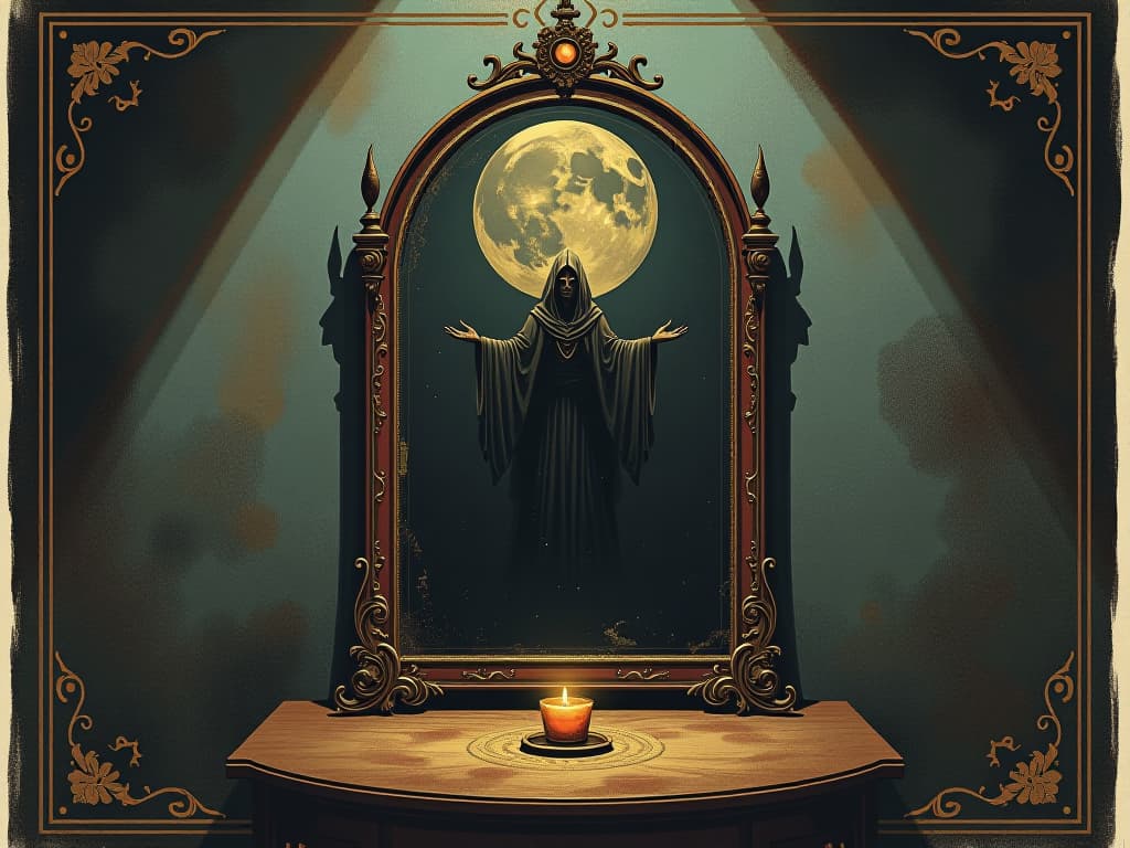  mirror in strategic placement according to feng shui, enhancing balance, sense of order and serenity. an illustration in the style of a worn, mystical old tarot trump card, mysterious and elements of surrealism. the colors are muted, somber and eerie, but with contrast bring out an occult and esoteric vibe.