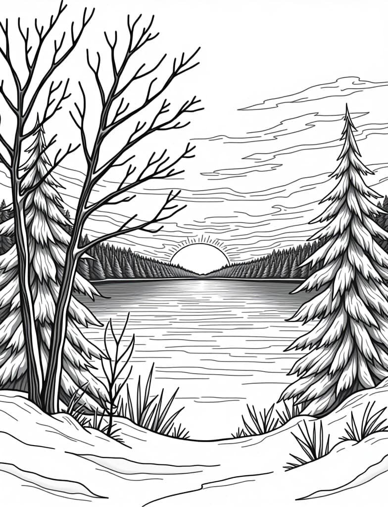  this is for an adult coloring page. a detailed black and white line art of a snowy winter sunrise over a frozen lake on a solid white background.