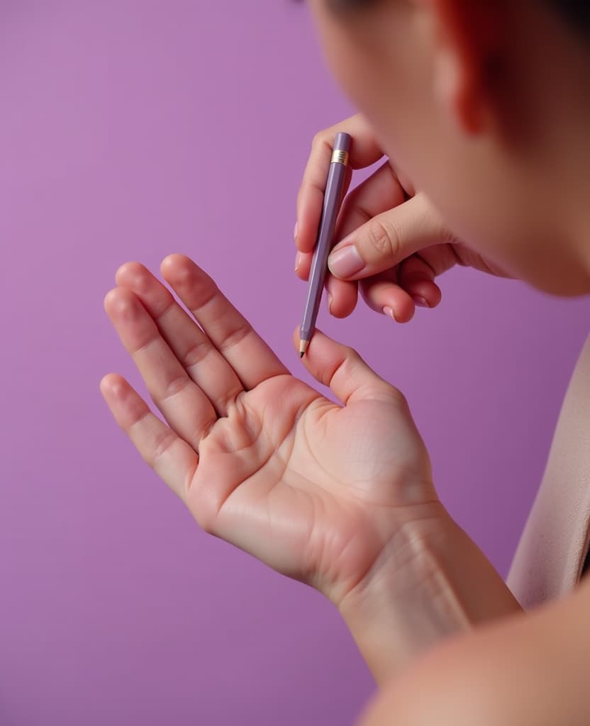  hdr photo of a woman applies a small amount of perfume on her wrist, hands, small pencil, applique, close up, on a lilac background . high dynamic range, vivid, rich details, clear shadows and highlights, realistic, intense, enhanced contrast, highly detailed