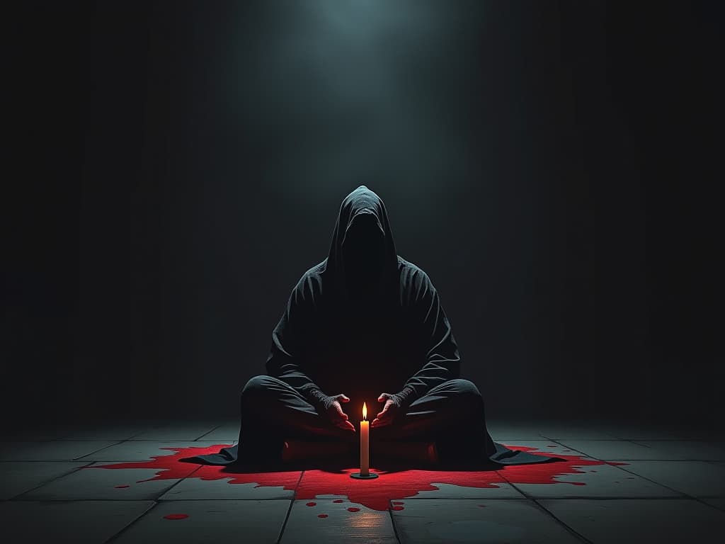  figure sitting cross legged in an empty room, dark and shadowy, illuminated by a single candle, deep contemplation, introspective. the style is dark fantasy and mysterious occult, symbolic, moody lighting, esoteric vibe,high detail on character design. for the color scheme emphasize blacks and reds.