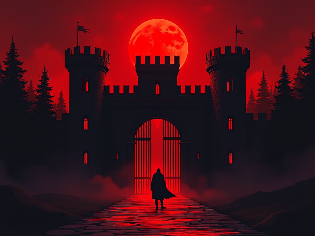  red fortress with iron gates, symbolically closed, aura of ethical stronghold. the style is digital art illustration / modern comic book / graphic dark novel fantasy and mysterious occult, symbolic, moody lighting, esoteric vibe,high detail on character design. for the color scheme emphasize blacks and reds.