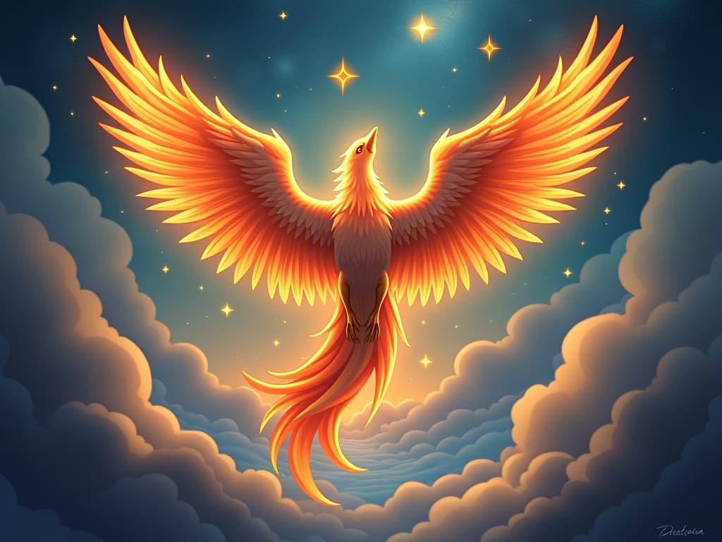  a radiant phoenix, its wings outstretched, soaring above a luminous, mystical landscape, glowing stars illuminating its path, symbolizing rebirth and enlightenment.. the style is digital art illustration,highly detailed, whimsical,magical, dreamlike atmosphere, realism and fantasy blend, smooth, glossy textures,luminous quality, wonder and enchantment.