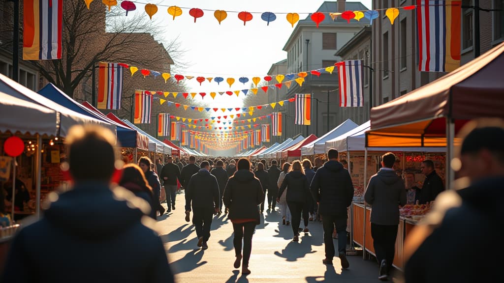  public holiday street fair with vendors and games, lively celebration