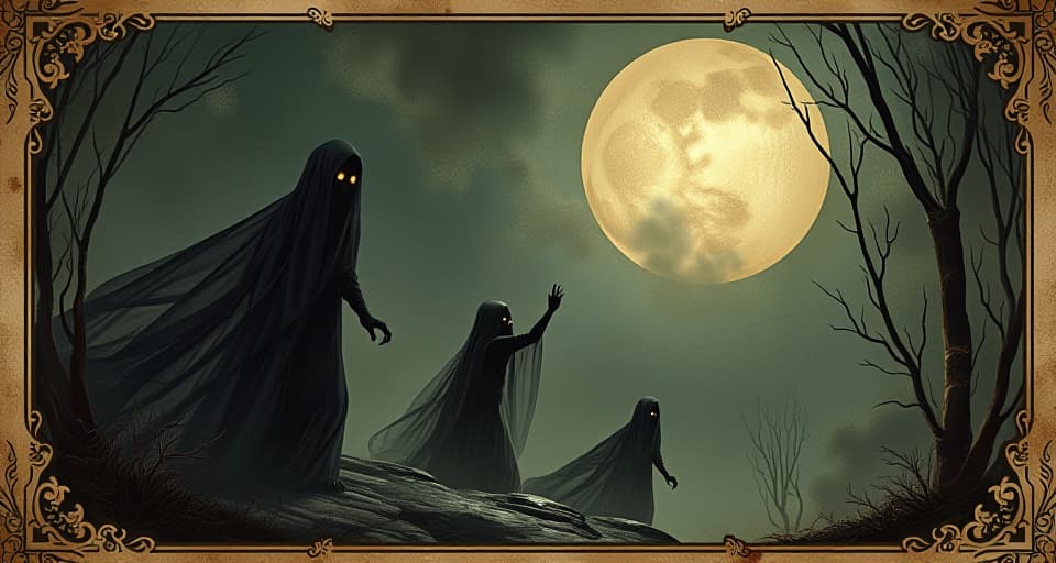  shadowy figures with eyes glowing, reaching toward a bright light, desperation, hunger, unfulfillment. an illustration in the style of a worn, mystical old tarot trump card, mysterious and elements of surrealism. the colors are muted, somber and eerie, but with contrast bring out an occult and esoteric vibe.