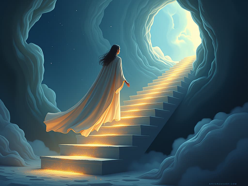  an ethereal being in flowing, glowing robes ascending a luminous staircase in a whimsical landscape. each step emits light, representing the reminder of one's infinite light and strength.. the style is digital art illustration,highly detailed, whimsical,magical, dreamlike atmosphere, realism and fantasy blend, smooth, glossy textures,luminous quality, wonder and enchantment.