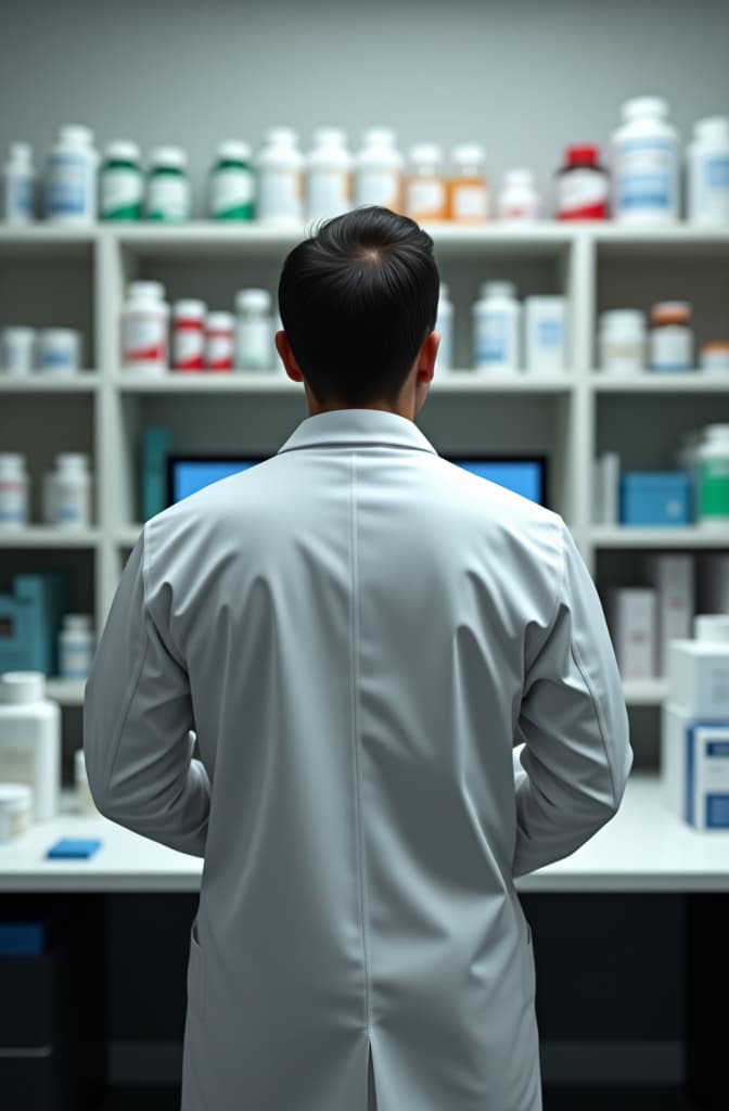  the pharmacist stands in front of a computer, with their back to the camera. the pharmacist is wearing a white lab coat and is surrounded by the working environment of a pharmacy: shelves filled with medications, pharmacy supplies, bottles with labels, and other typical pharmacy elements. on the desk in front of them is a computer, with the screen slightly blurred to avoid distraction from the main subject. the lighting is soft and natural, creating a realistic and professional atmosphere hyperrealistic, full body, detailed clothing, highly detailed, cinematic lighting, stunningly beautiful, intricate, sharp focus, f/1. 8, 85mm, (centered image composition), (professionally color graded), ((bright soft diffused light)), volumetric fog, trending on instagram, trending on tumblr, HDR 4K, 8K