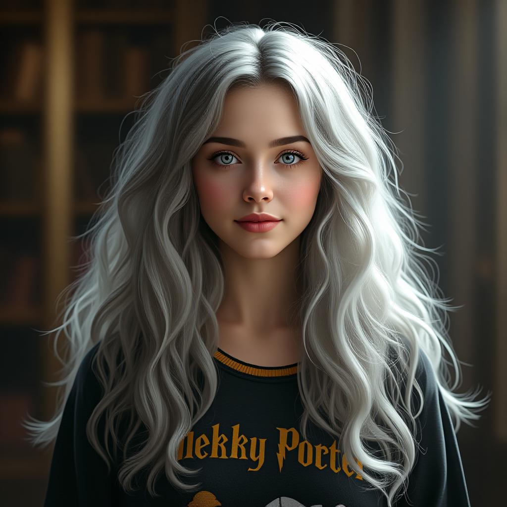  eileen fletcher hair long wavy silver ,eyes light blue age 18 halfblood protronus : bobcat hogwarts house : huffle puff (black ,yellow and grey ) (harry potter style) 5’4 (female big chest ), award winning, professional, highly detailed, masterpiece