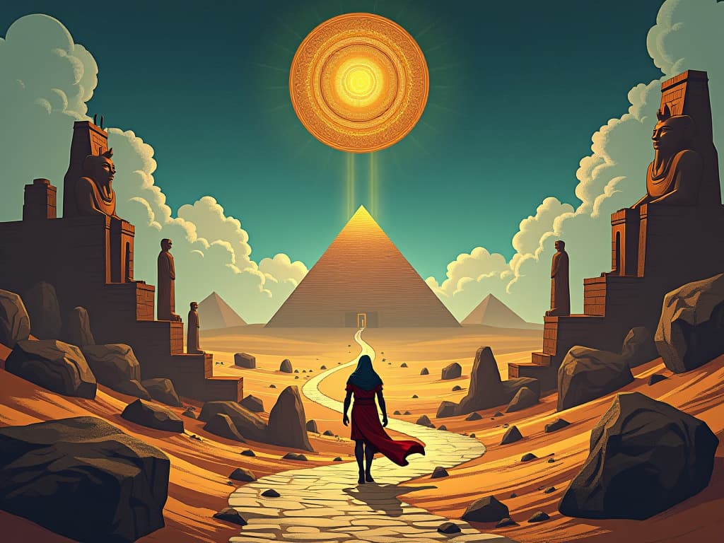  a winding path through a mystical egyptian landscape, dotted with ancient ruins and statues, under the watchful eye of ra's solar disk in the sky, symbolizing sacred seclusion. the style is digital art illustration / modern comic book / mysterious occult, symbolic, esoteric vibe,high detail on character design, incorporating ancient egyptian symbology and attire.