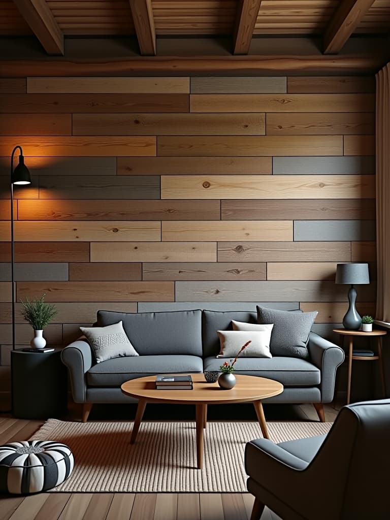  high quality portrait photo of a rustic living room featuring a accent wall covered in reclaimed wood planks of varying shades and textures, creating a warm and inviting atmosphere hyperrealistic, full body, detailed clothing, highly detailed, cinematic lighting, stunningly beautiful, intricate, sharp focus, f/1. 8, 85mm, (centered image composition), (professionally color graded), ((bright soft diffused light)), volumetric fog, trending on instagram, trending on tumblr, HDR 4K, 8K