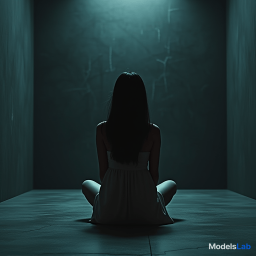  a girl sitting in a smooth ceramic dark room, facing back, detailed, moody, noises, vhs filter, film grain, raw realistic, scratches in wall hyperrealistic, full body, detailed clothing, highly detailed, cinematic lighting, stunningly beautiful, intricate, sharp focus, f/1. 8, 85mm, (centered image composition), (professionally color graded), ((bright soft diffused light)), volumetric fog, trending on instagram, trending on tumblr, HDR 4K, 8K