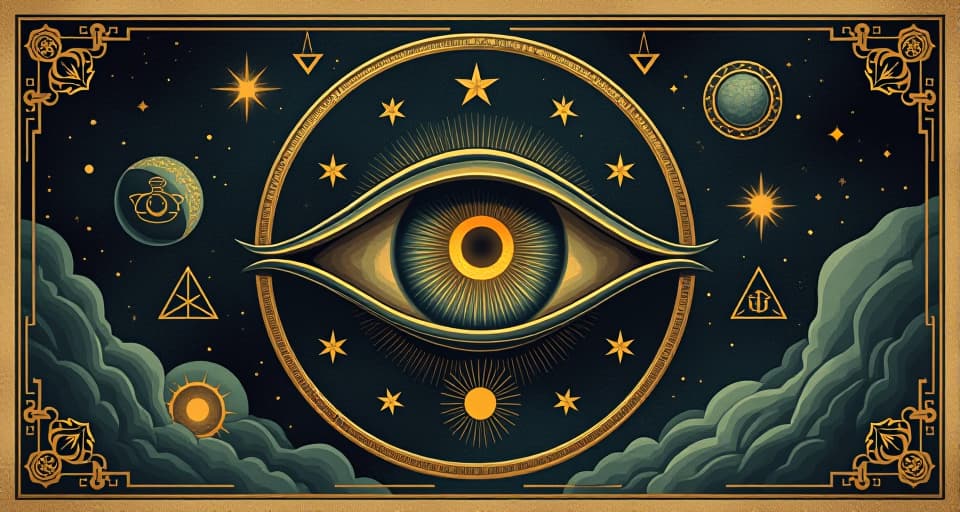  eye of horus, detailed and ornate, surrounded by ancient symbols, glowing faintly, deep cosmic backdrop, eternal, powerful.. an illustration in the style of a worn, mystical old tarot trump card, mysterious and elements of surrealism. the colors are muted, somber and eerie, but with contrast bring out an occult and esoteric vibe.