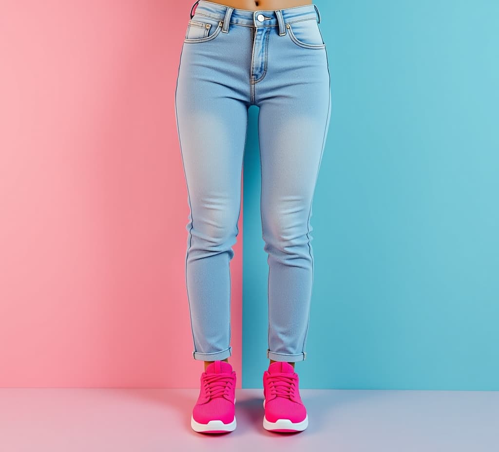  a pair of light blue jeans and bright pink sneakers stand out against a minimalist pastel pink and blue background