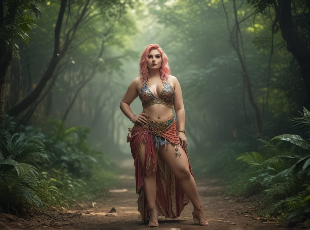 , lovely, long hip, long , long s, long , long , beautiful, short colorful hair, chubby, beautiful figure, indian wild, , fantasy waring wrestling dress, background jungle hyperrealistic, full body, detailed clothing, highly detailed, cinematic lighting, stunningly beautiful, intricate, sharp focus, f/1. 8, 85mm, (centered image composition), (professionally color graded), ((bright soft diffused light)), volumetric fog, trending on instagram, trending on tumblr, HDR 4K, 8K