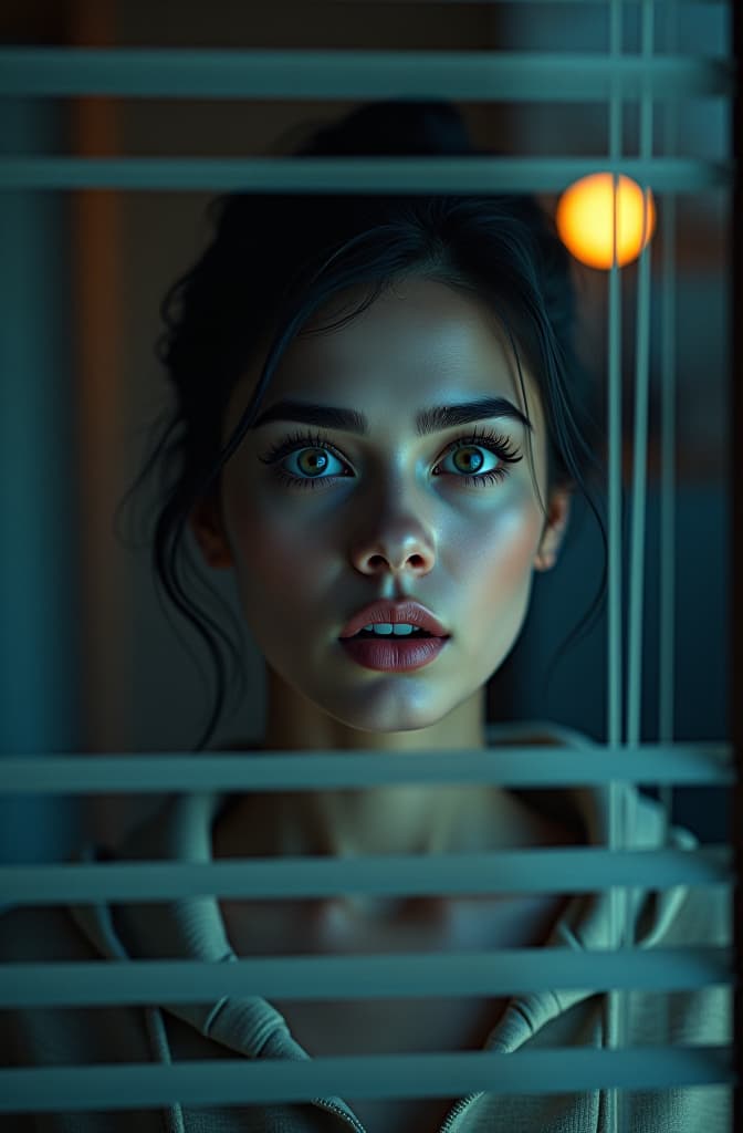  a woman in front of the window with a terrified face, who lowers the blinds to look outside. it's an outside in image., realistic, portrait, art by donato giancola and greg rutkowski, realistic face, digital art, trending on artstation hyperrealistic, full body, detailed clothing, highly detailed, cinematic lighting, stunningly beautiful, intricate, sharp focus, f/1. 8, 85mm, (centered image composition), (professionally color graded), ((bright soft diffused light)), volumetric fog, trending on instagram, trending on tumblr, HDR 4K, 8K