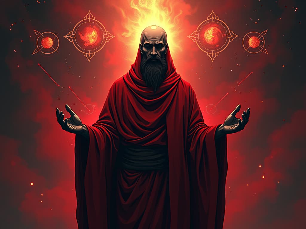  enlightened figure in red robes, light emanating from head, surrounded by celestial bodies, aura of divine wisdom. the style is digital art illustration / modern comic book / graphic dark novel fantasy and mysterious occult, symbolic, moody lighting, esoteric vibe,high detail on character design. for the color scheme emphasize blacks and reds.