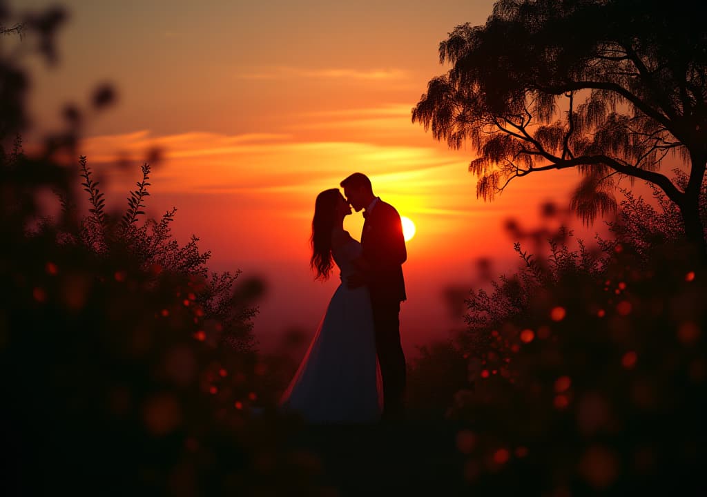  a romantic scene featuring a couple silhouetted against a vibrant sunset, surrounded by lush greenery. perfect for weddings and love themes., high quality, high details, hd, perfect composition, 4k epic detailed, highly detailed, sharp focus, high resolution