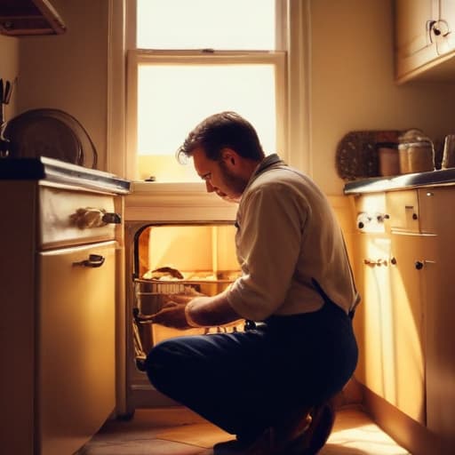 A photo of a skilled mechanic repairing a vintage dishwasher in a dimly lit, retro-style kitchen during the late afternoon. The warm, golden light streaming in through a small window highlights the mechanic's expert hands as they delicately work on the intricate inner mechanisms of the appliance. The ambient glow casts a soft, nostalgic hue over the scene, creating a sense of timelessness and craftsmanship.