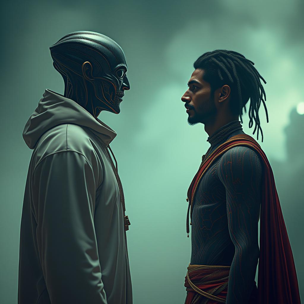  alien meeting with ranveer singh an indian actor hyperrealistic, full body, detailed clothing, highly detailed, cinematic lighting, stunningly beautiful, intricate, sharp focus, f/1. 8, 85mm, (centered image composition), (professionally color graded), ((bright soft diffused light)), volumetric fog, trending on instagram, trending on tumblr, HDR 4K, 8K