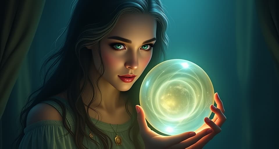  a mystical oracle holding a glowing crystal ball in dimly lit ethereal chamber. her eyes focus intensely on the orb as swirling shadows inside change form, symbolizing wavering certainty and inner caution.. the style is digital art illustration,highly detailed, whimsical,magical, dreamlike atmosphere, realism and fantasy blend, smooth, glossy textures,luminous quality, wonder and enchantment.