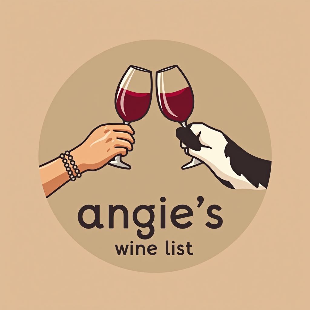  design a logo, a logo with a woman’s hand and a black and white cat’s paw toasting with wine glasses, with the text 'angie’s wine list'.