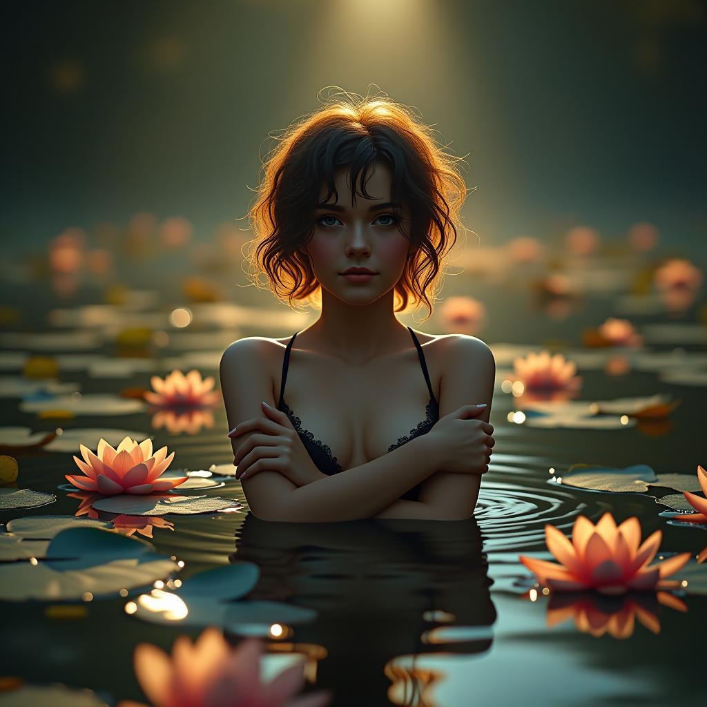  a captivating and mesmerizing image of an extremely 2 old , in a serene, lotus filled lake. her short, curly hair is and she crosses her arms over her to disguise her modesty. the vint, dark fantasy setting is illuminated by a warm, golden light that casts a mystical glow over the water. surrounding it are beautiful water lilies and lotus flowers, adding to the enchanting ambience of the setting., photo