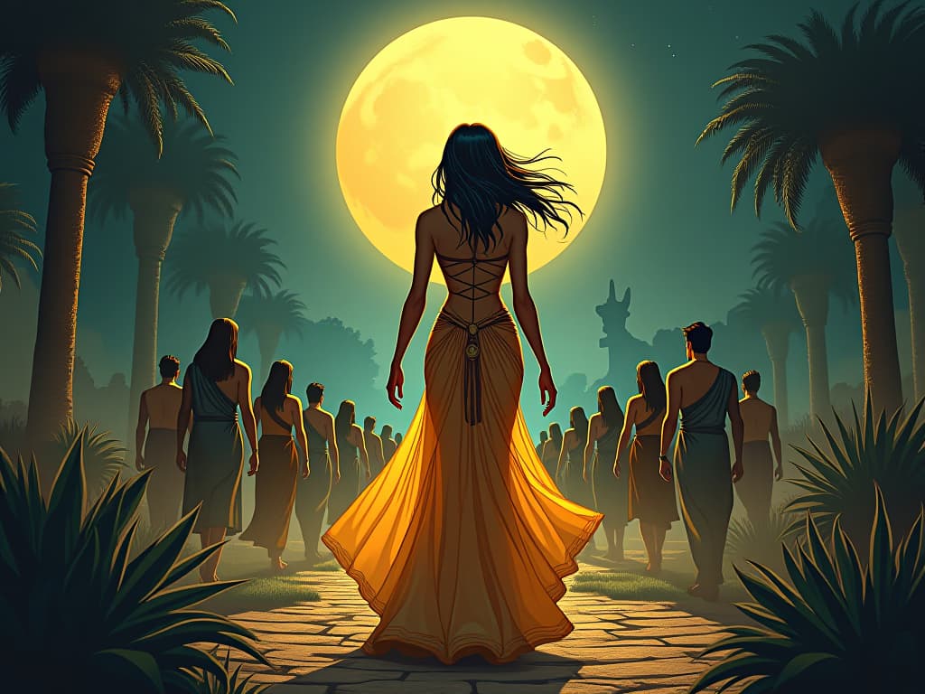  a celestial, large busted female figure in a tight, radiant gown, walking through an ancient, moonlit garden, surrounded by followers, symbolizing exploring this incredible journey of life. the style is digital art illustration / modern comic book / mysterious occult, symbolic, esoteric vibe,high detail on character design, incorporating ancient egyptian symbology and attire.