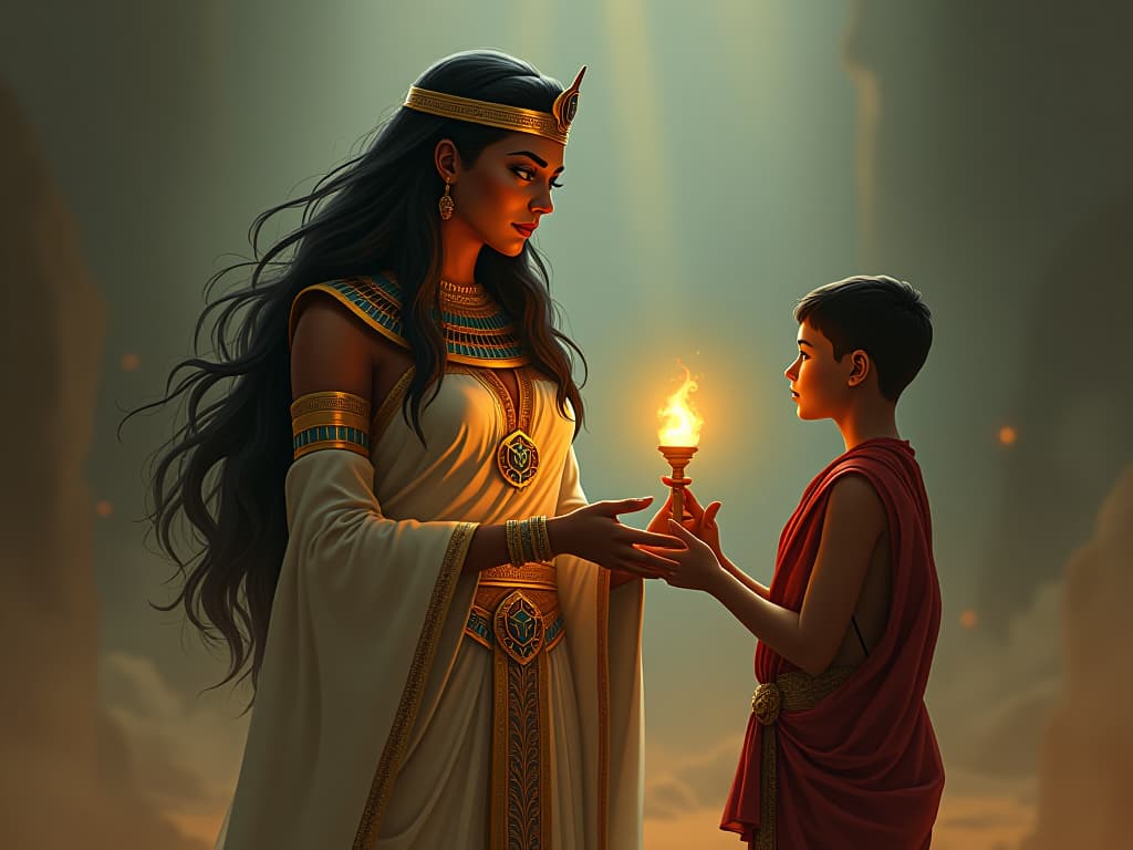  an ancient goddess offering a glowing ankh to a person, sense of audacity and reward, atmosphere of being unapologetically oneself. the style is digital art illustration / modern comic book / mysterious occult, symbolic, esoteric vibe,high detail on character design, incorporating ancient egyptian symbology and attire. hyperrealistic, full body, detailed clothing, highly detailed, cinematic lighting, stunningly beautiful, intricate, sharp focus, f/1. 8, 85mm, (centered image composition), (professionally color graded), ((bright soft diffused light)), volumetric fog, trending on instagram, trending on tumblr, HDR 4K, 8K