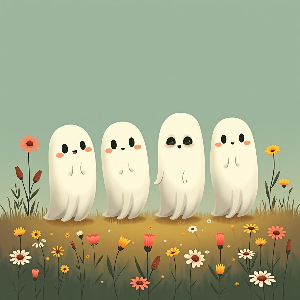  create a digital illustration featuring a row of four or five cute, cartoonish ghost characters, each with a different appearance, standing in different positions within sparse, life like wildflowers.