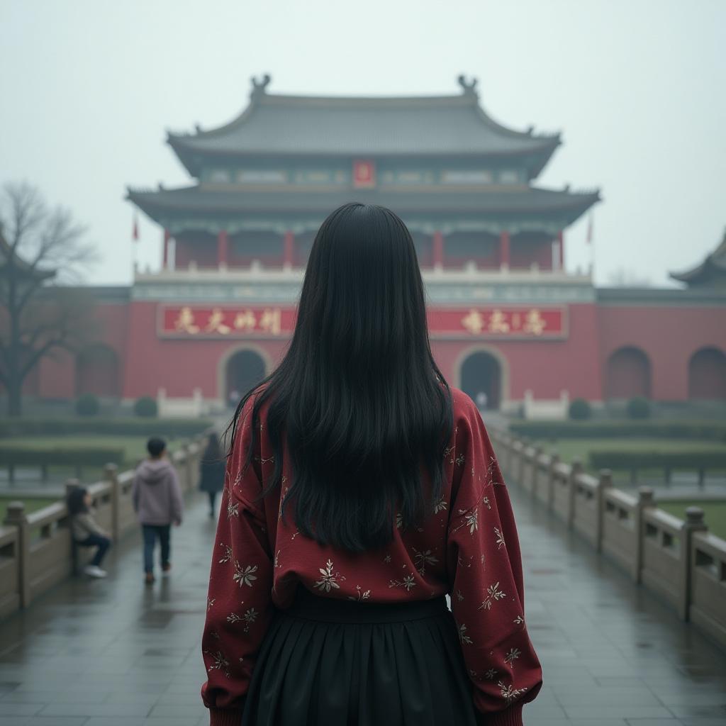  a girl with black hair is standing with her back to the camera in front of a chinese landmark. hyperrealistic, full body, detailed clothing, highly detailed, cinematic lighting, stunningly beautiful, intricate, sharp focus, f/1. 8, 85mm, (centered image composition), (professionally color graded), ((bright soft diffused light)), volumetric fog, trending on instagram, trending on tumblr, HDR 4K, 8K