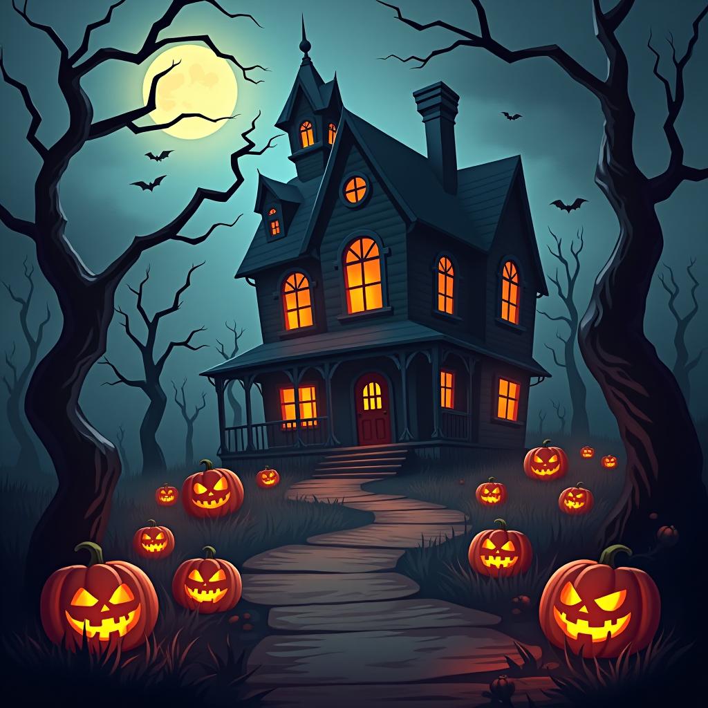  create a seamless digital painting of a spooky, halloween themed scene featuring a haunted house with gothic architecture. the house should be surrounded by twisted, gnarled trees and a multitude of jack o' lanterns. the scene should include a dark, cloudy sky to enhance the eerie atmosphere. the overall style should be detailed and atmospheric, capturing the essence of a haunted, creepy environment perfect for halloween, ensuring the design is seamless for use in repeating patterns or wraps.