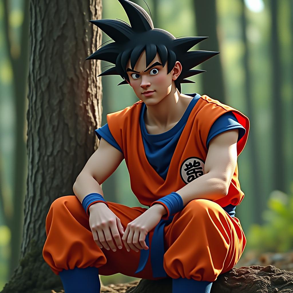  portrait full body photography from 1970, real actor goku from dragon ball sitting next to the forest, dressed with goku costume, movie still, 1970, anime visual, code geass, xmen, still image from the movie, high quality costume, inspo, naruto