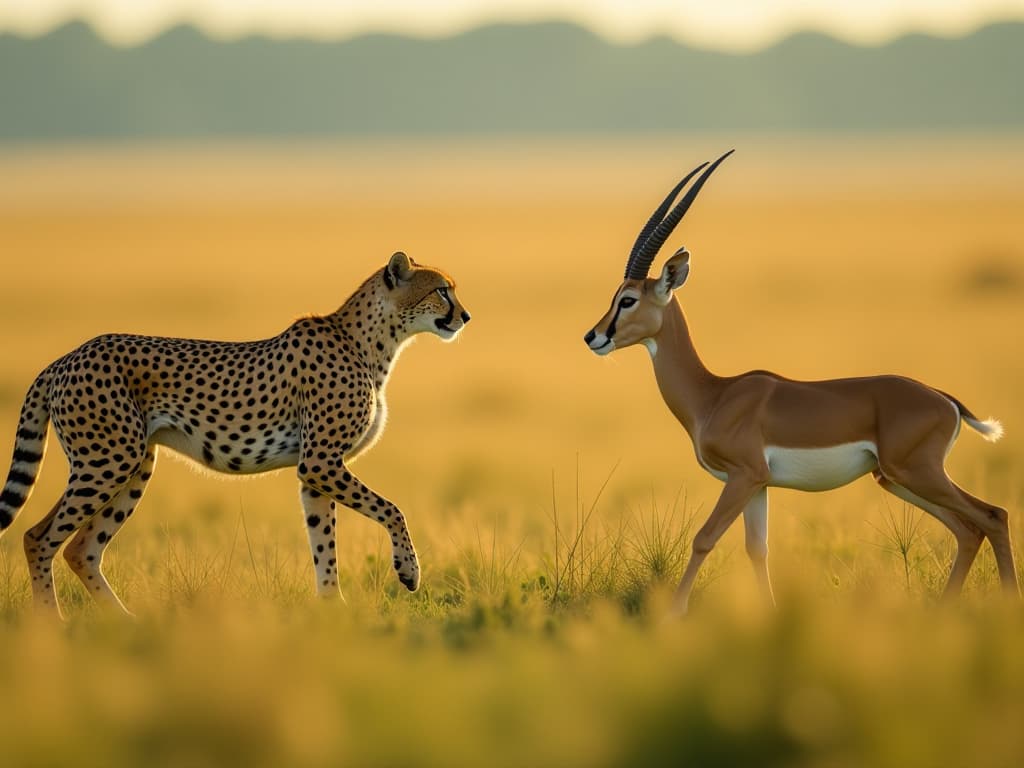  a cheetah and a gazelle face off in a grassland arena, the cheetah's eyes fixed on the gazelle, muscles tensed for the chase. camera settings: iso 400, f/4, 1/2000 sec. hyperrealistic, full body, detailed clothing, highly detailed, cinematic lighting, stunningly beautiful, intricate, sharp focus, f/1. 8, 85mm, (centered image composition), (professionally color graded), ((bright soft diffused light)), volumetric fog, trending on instagram, trending on tumblr, HDR 4K, 8K