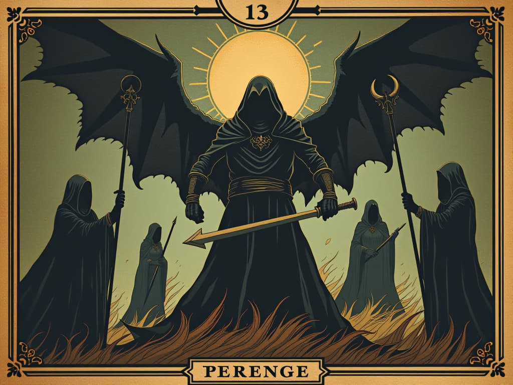  heroic figure in battle stance, shadowy figures emerging, spiritual warfare, struggle, determination. an illustration in the style of a worn, mystical old tarot trump card, mysterious and elements of surrealism. the colors are muted, somber and eerie, but with contrast bring out an occult and esoteric vibe.